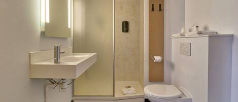 Un baño moderno con ducha de vidrio, lavamanos con espejo e inodoro.