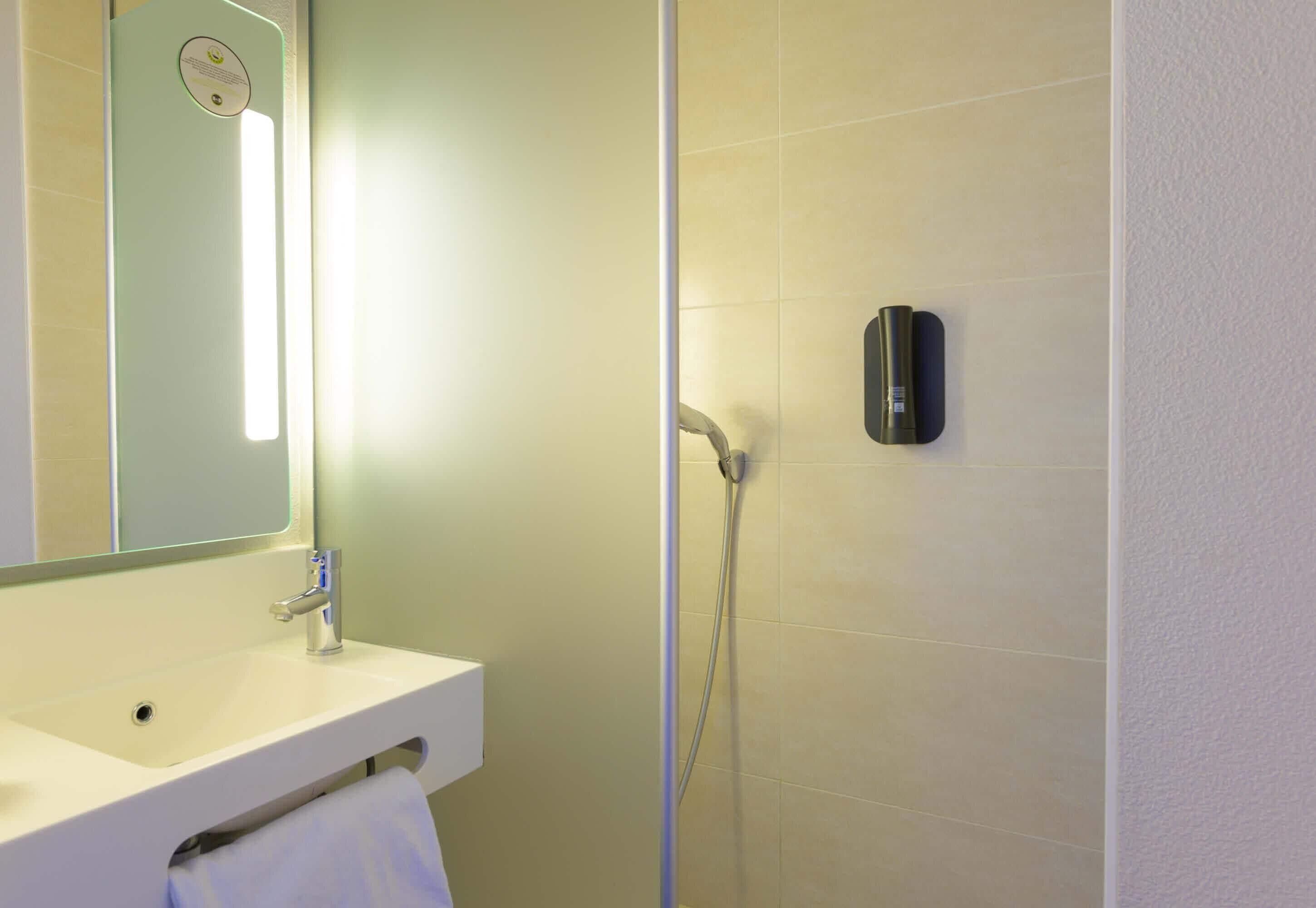 Baño con lavamanos, espejo, toallero y ducha con cabezal de ducha de mano.