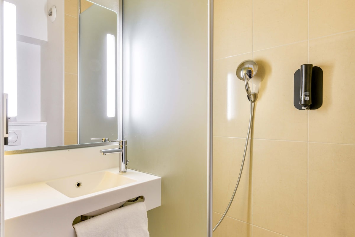 A bathroom with a white sink, a mirror, and a shower with a handheld showerhead.