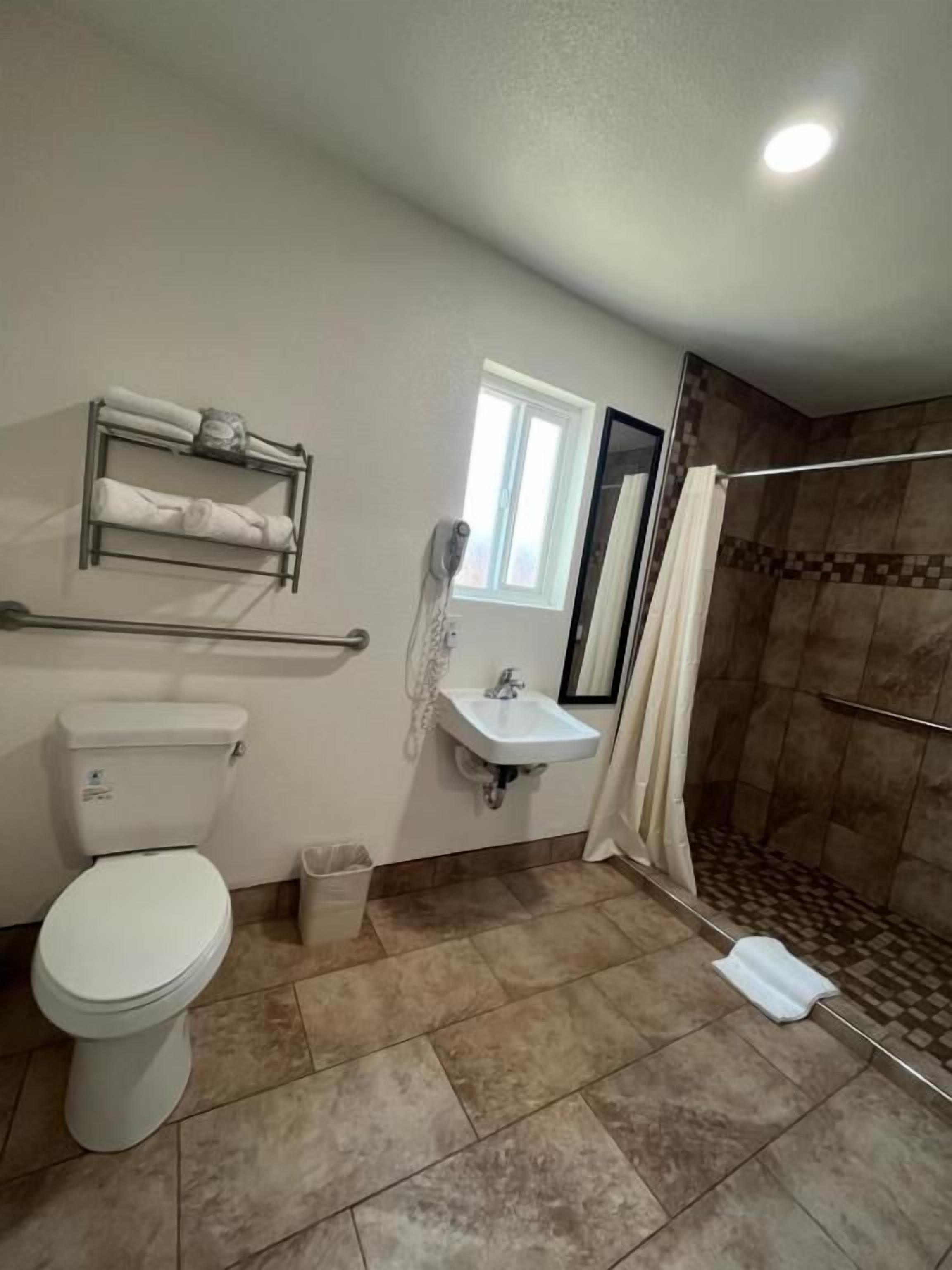Une salle de bain comprenant des toilettes, un lavabo et un espace douche.