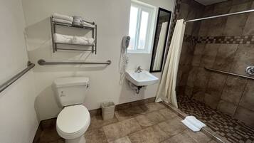 A bathroom with a toilet, sink, and shower.