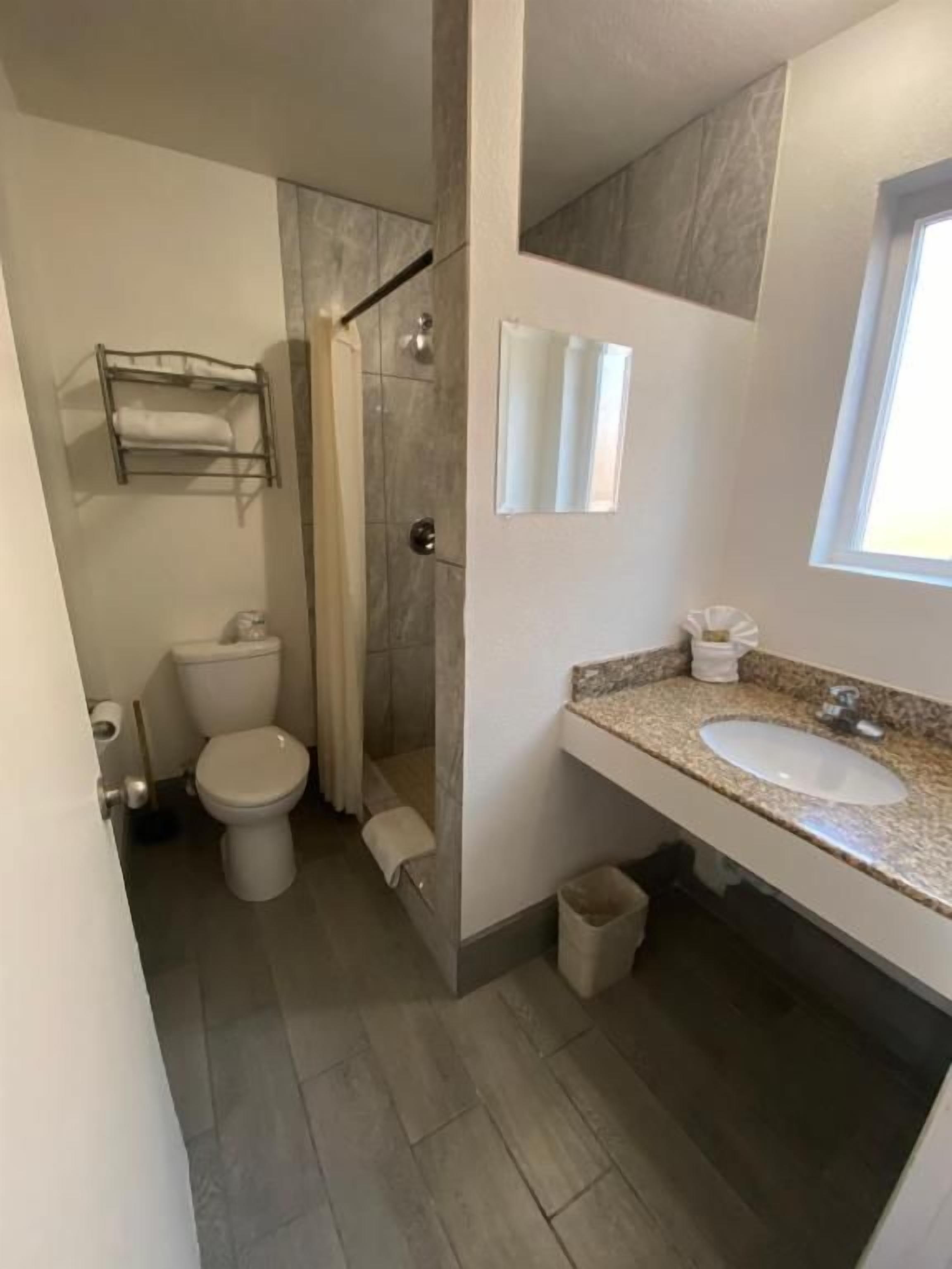 A bathroom with a toilet, shower, sink, and a towel rack.