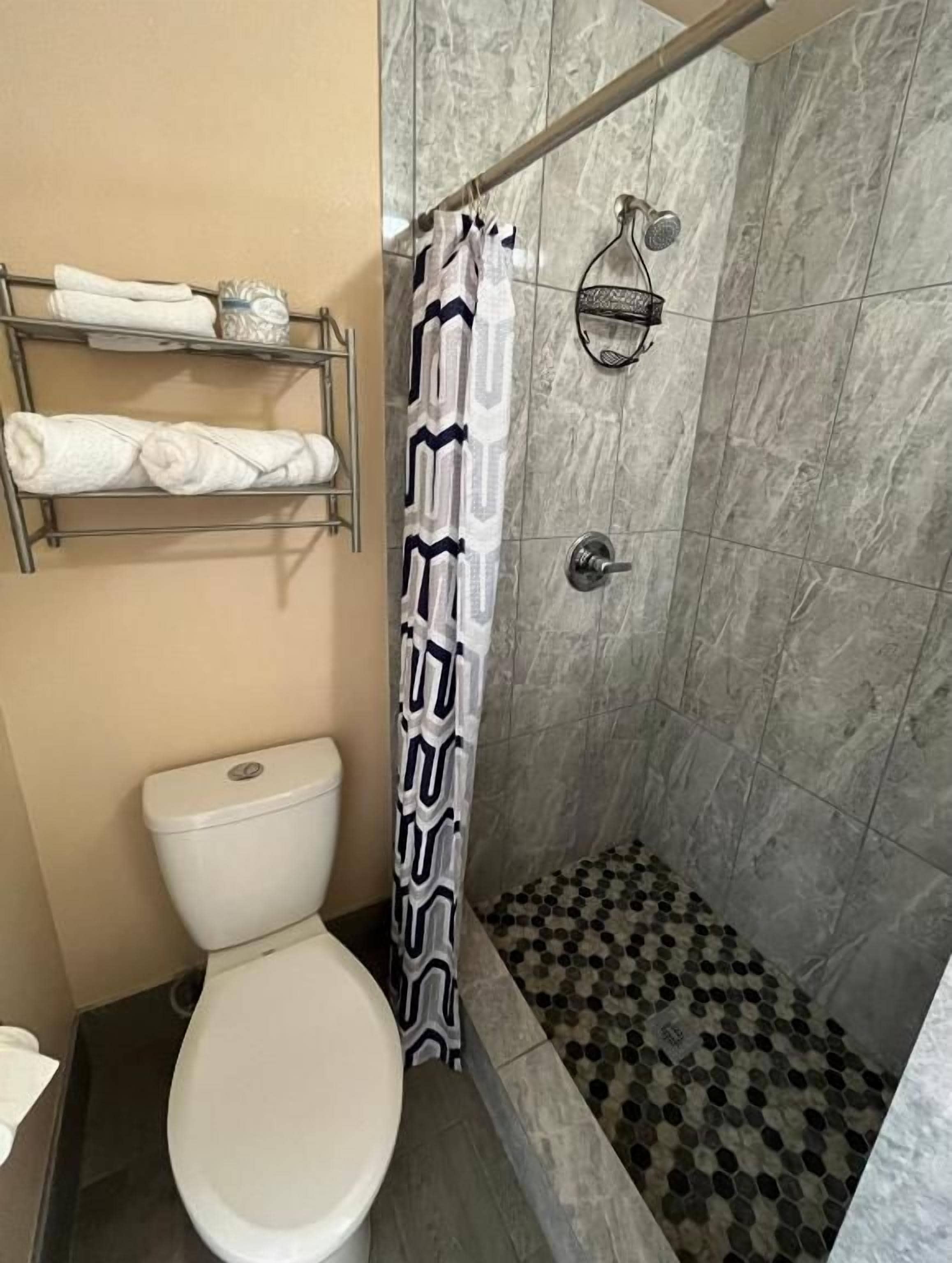 Ein Badezimmer mit Toilette, einer Dusche mit gemustertem Duschvorhang und Fliesenboden.