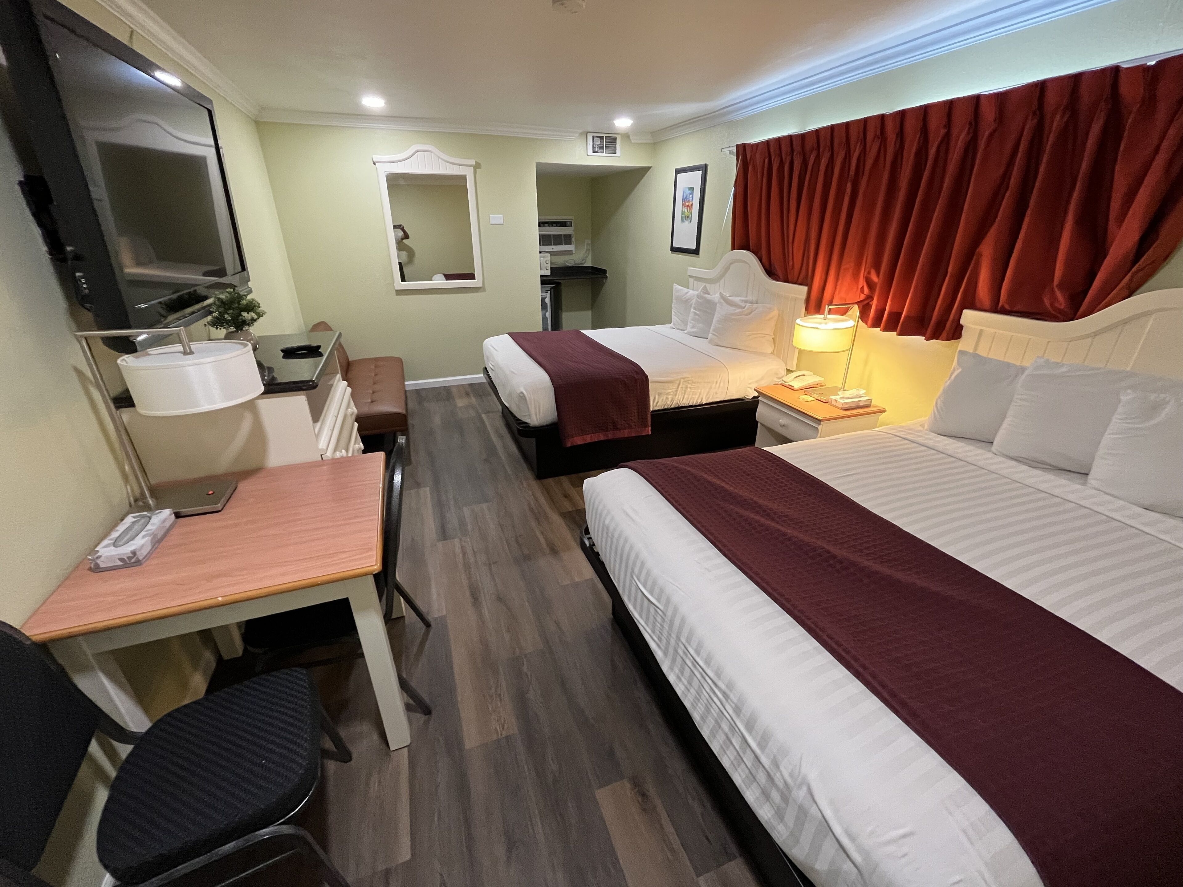 Individually furnished, desk, blackout drapes, soundproofing