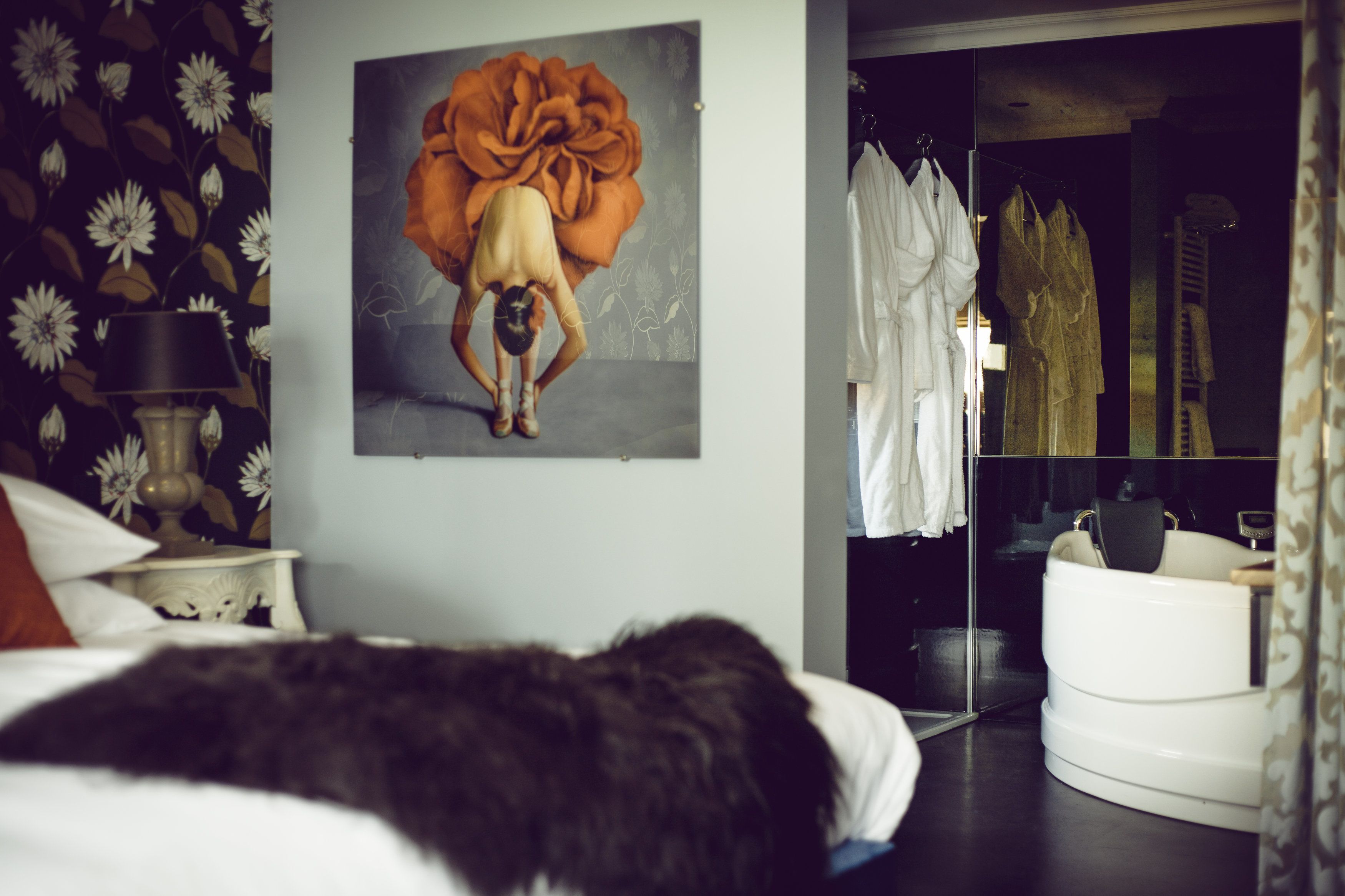 deluxe room, 1 king bed, jetted tub (flower room) | bathroom | shower, rainfall showerhead, designer toiletries, hair dryer