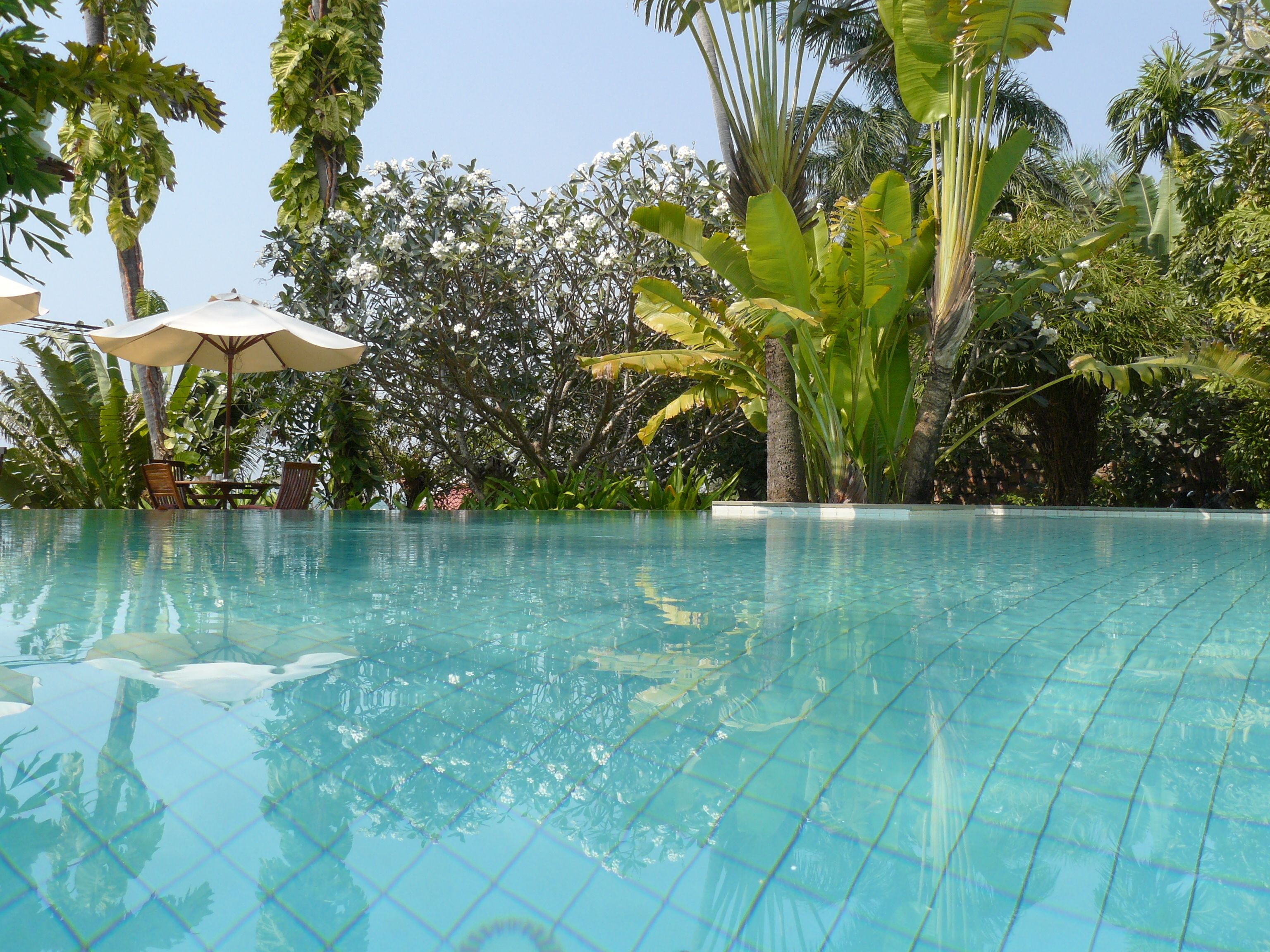 outdoor pool, an infinity pool, pool umbrellas, pool loungers