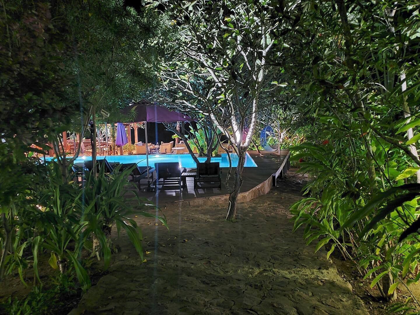 A pool area with lounge chairs and a covered seating area surrounded by dense foliage.