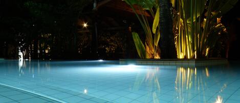 A tiled pool area with a reflection of lights and a large plant structure.