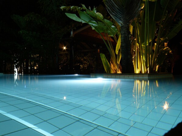 Outdoor pool, an infinity pool, pool umbrellas, pool loungers