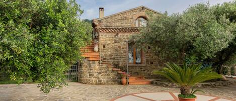 A stone building with a tiled courtyard, a potted plant, and a circular mosaic pattern.