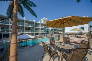 Seasonal outdoor pool, open 9 AM to 8 PM, sun loungers