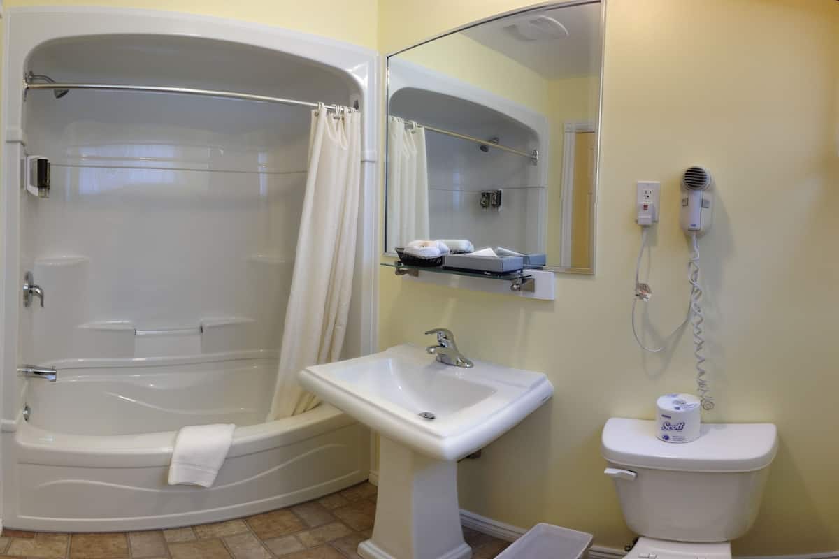 Une salle de bain avec une baignoire, un lavabo, des toilettes et un miroir.