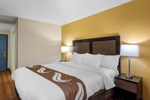 Una habitación de hotel con cama, lámparas de noche y cabecera de madera.