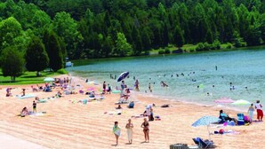 Une plage où des gens se prélassent au soleil et se baignent, entourée d’arbres.