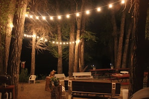Un espacio al aire libre con bancos de madera y mesas de picnic, rodeado de árboles y luces colgantes.