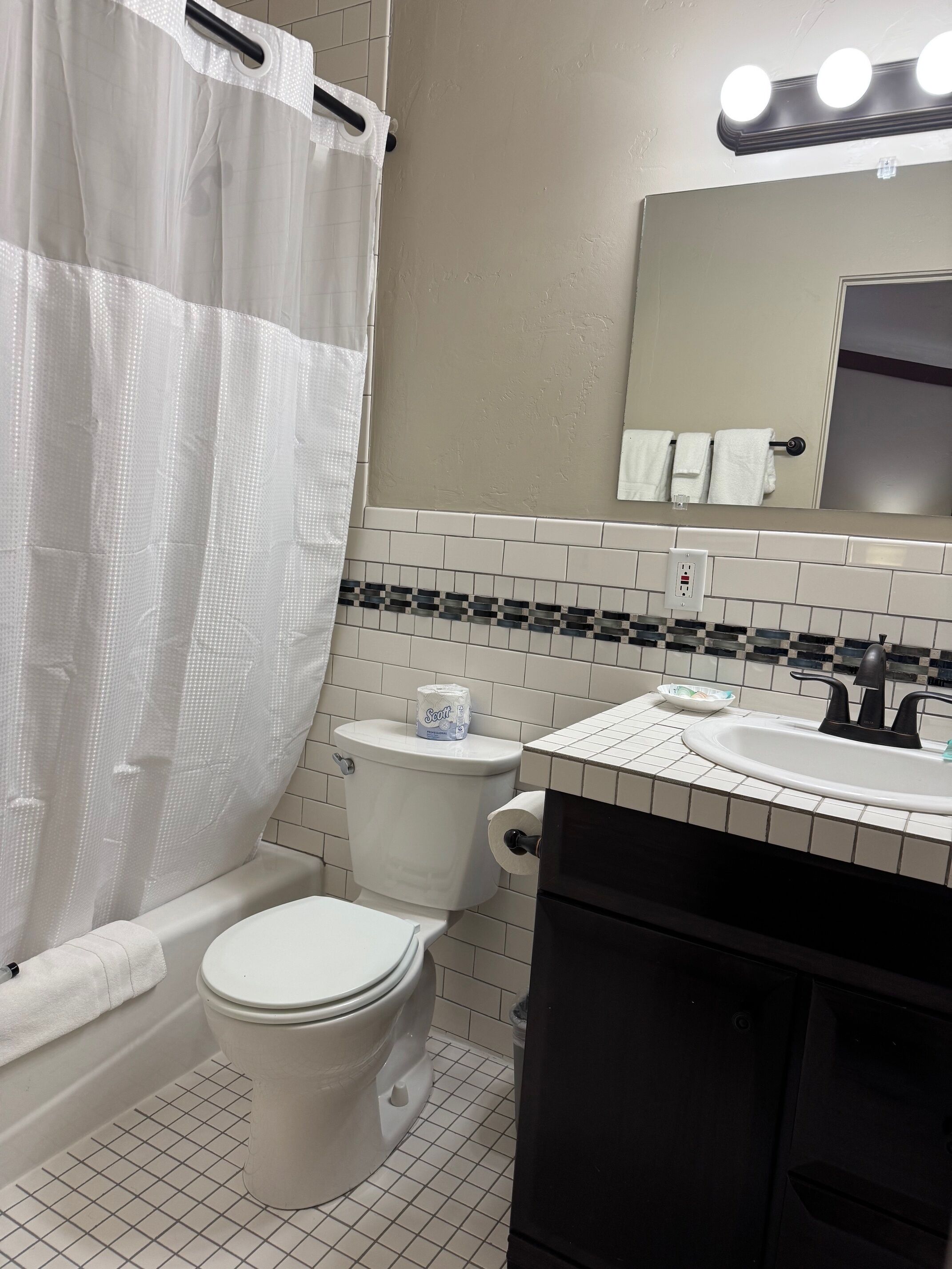 Une salle de bain équipée de toilettes, d’un lavabo, d’un miroir et d’un rideau de douche.