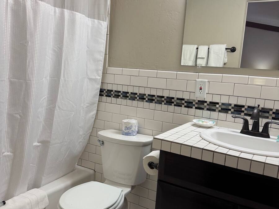 Une salle de bain équipée de toilettes, d’un lavabo, d’un miroir et d’un rideau de douche.