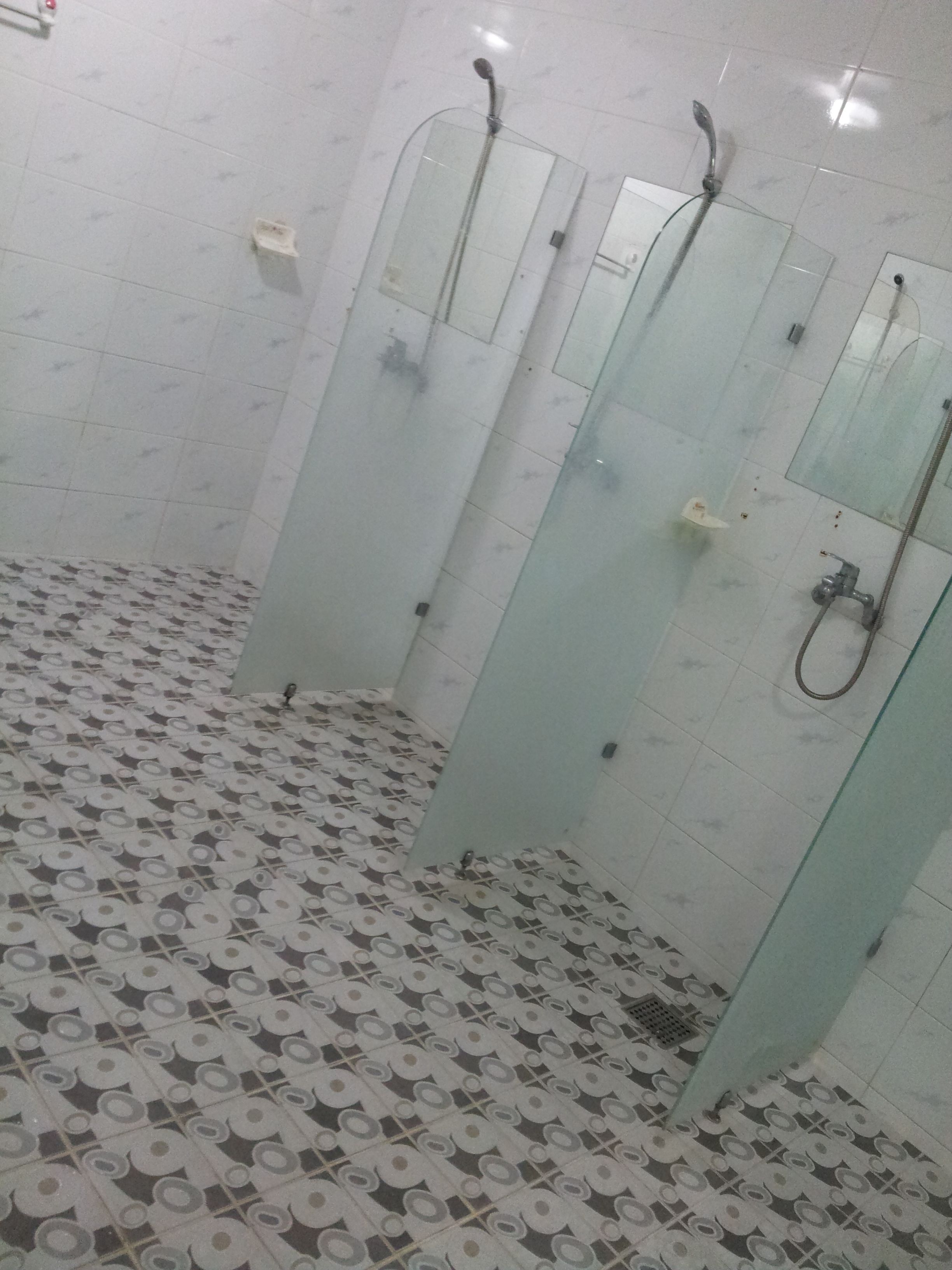 A bathroom with patterned floor tiles, glass shower doors, and a tiled wall.