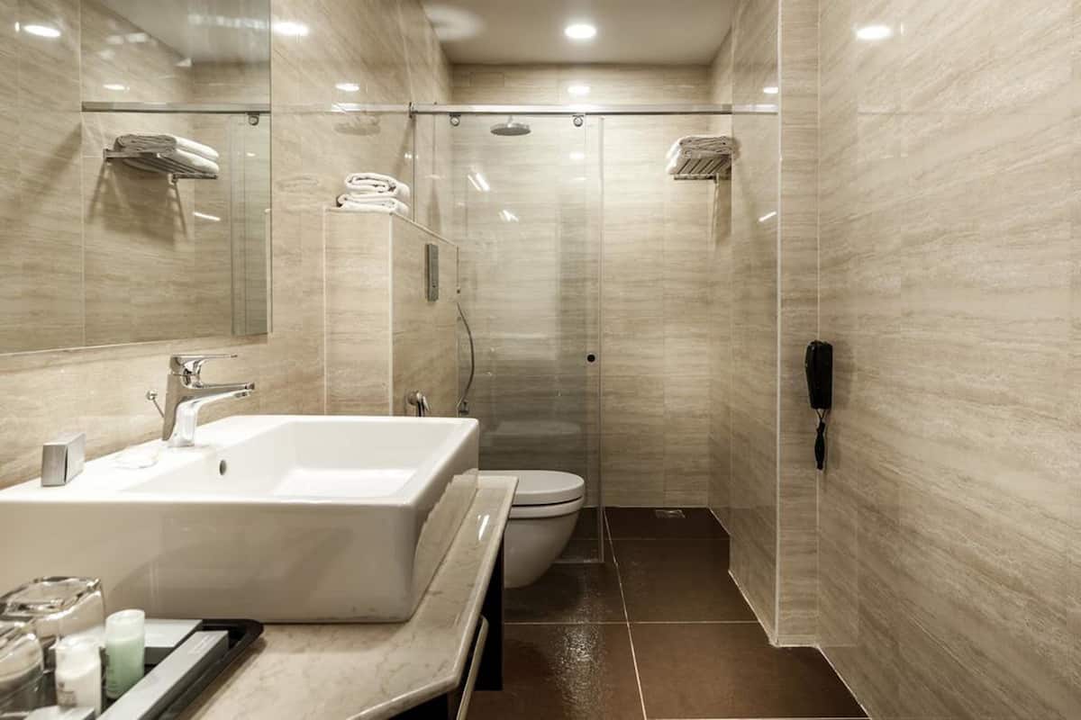 Shower, eco-friendly toiletries, hair dryer, towels