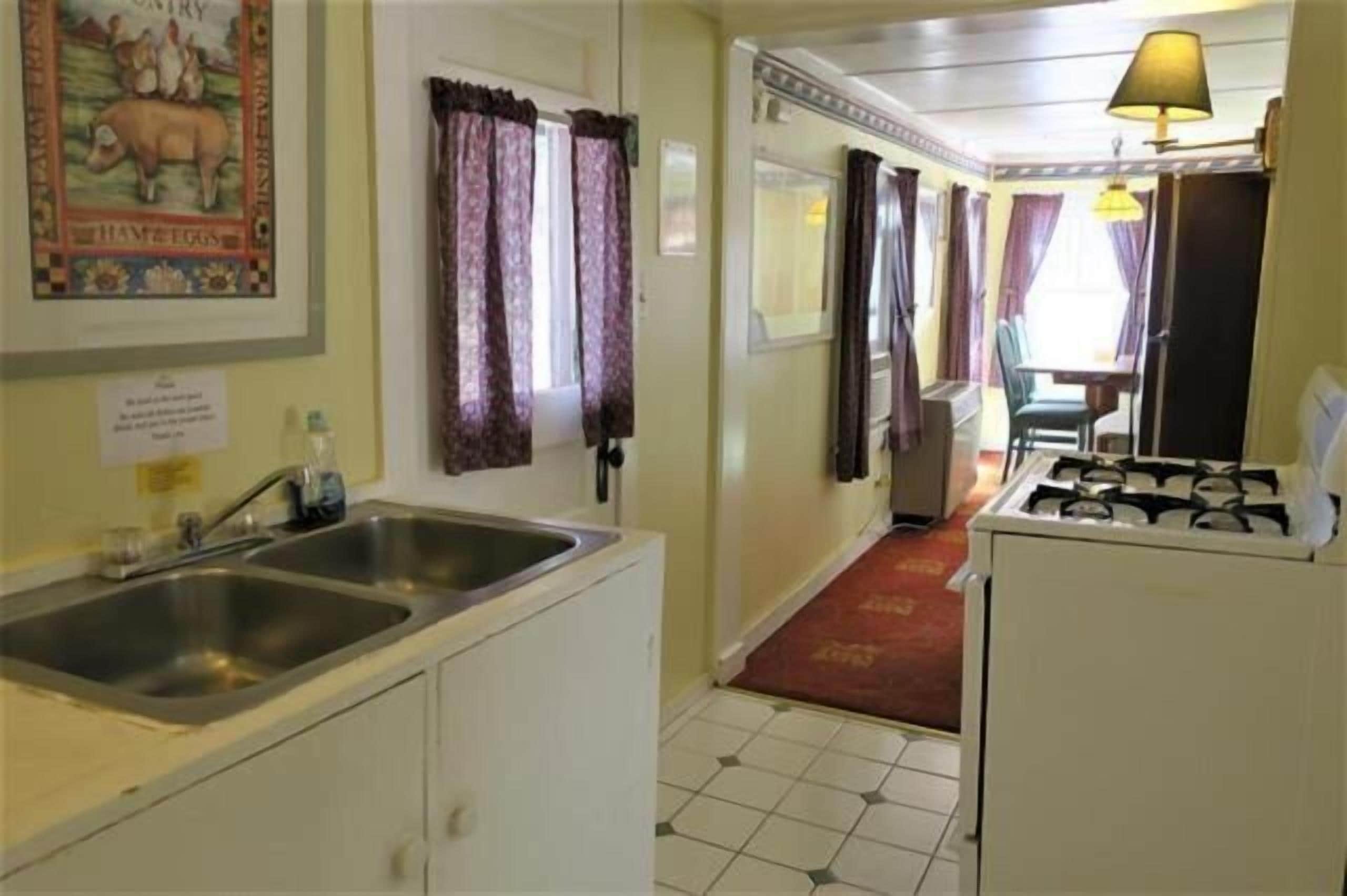 Un couloir étroit mène à une salle à manger avec une table et des chaises, une cuisine équipée d’un évier et d’une cuisinière, et un tableau encadré est accroché au mur.