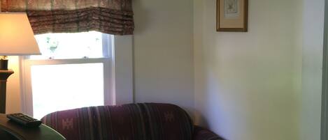 A living room with a sofa, a lamp, and a framed picture on the wall.