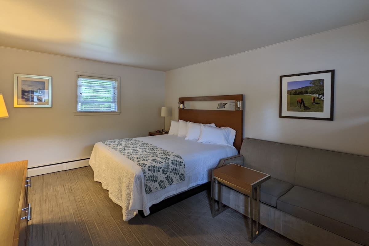 Quarto de hotel com cama, mesa de cabeceira e sofá.