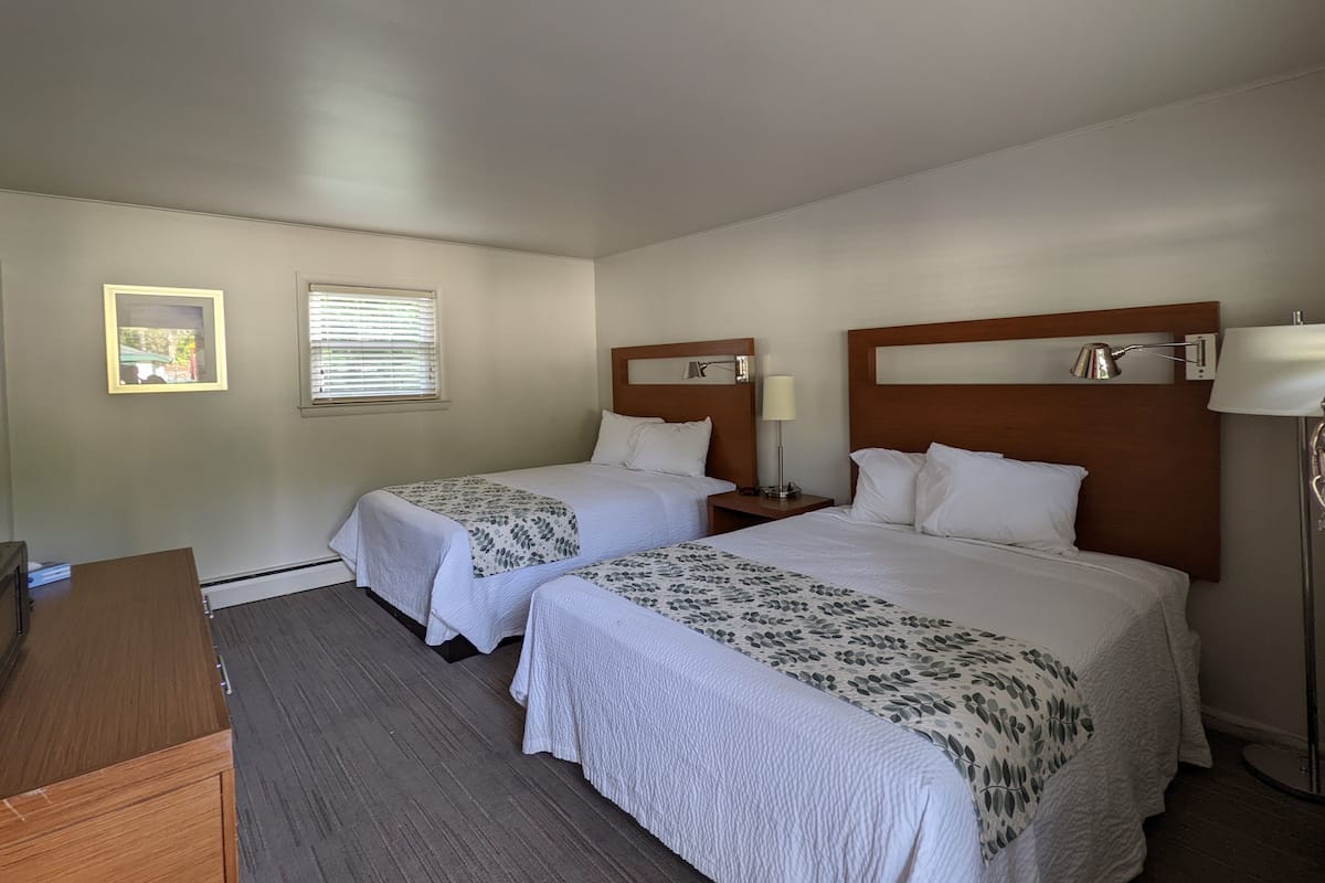 Quarto de hotel com duas camas, uma escrivaninha, uma luminária e um quadro na parede.