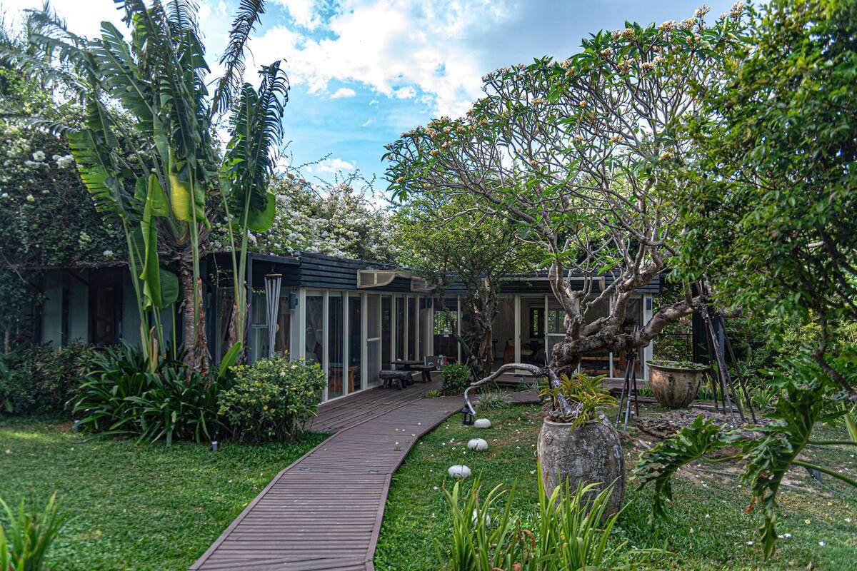 A garden pathway leading to a modern building with a glass facade, surrounded by lush greenery and a wooden deck.