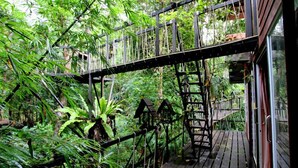 A wooden deck with a metal railing, surrounded by lush green foliage. - Khao Sok Tree House (Phanom)