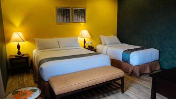 Premium bedding, blackout drapes, bed sheets