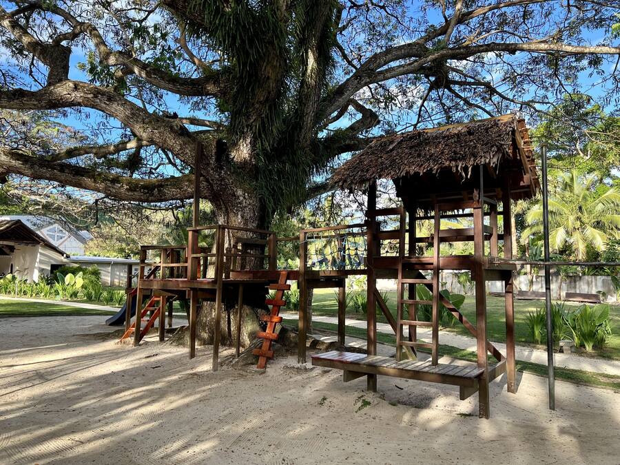 A wooden play structure with a thatched roof, surrounded by sand and greenery.