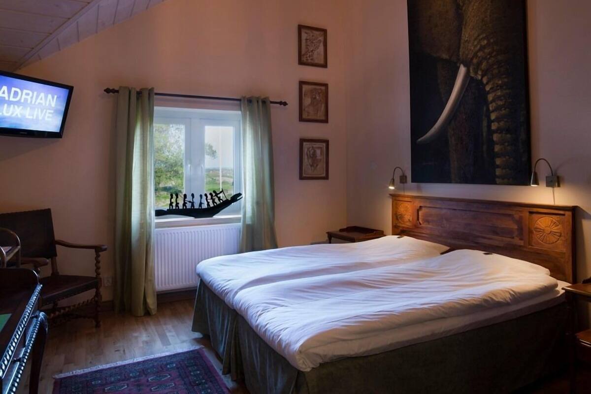 Une chambre d’hôtel avec un lit, une télévision, une fenêtre donnant sur un beau paysage et un tableau représentant un éléphant.