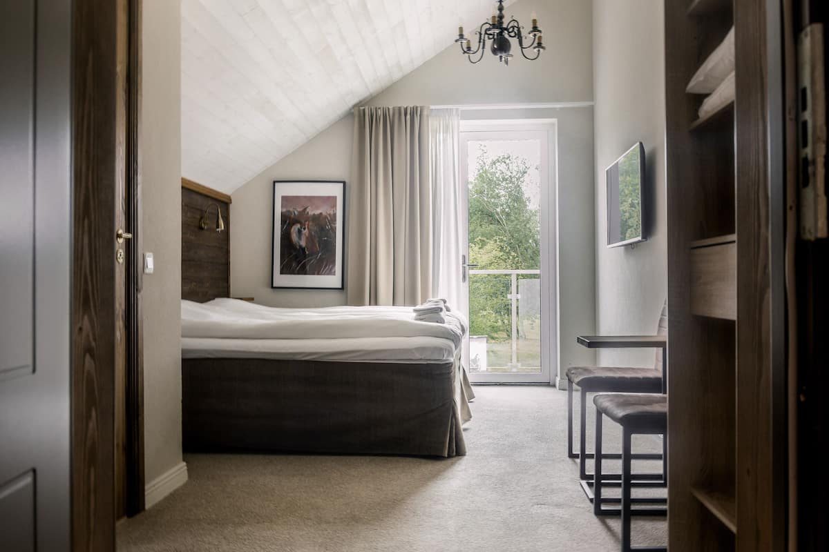 Une chambre à coucher avec un grand lit, un lustre, une fenêtre avec des rideaux et un téléviseur fixé au mur.