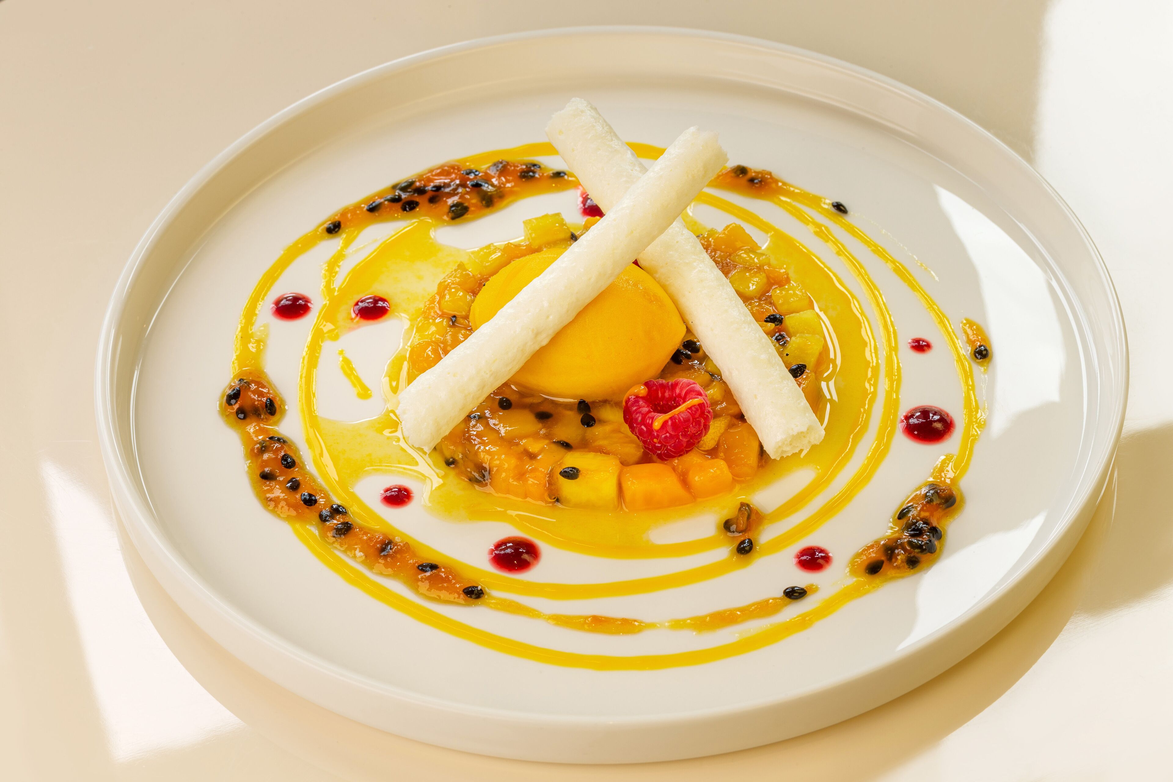 Un plato de postre con fruta, salsa y un elemento blanco.