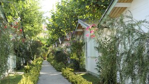 A narrow pathway flanked by lush greenery and white buildings with sloped roofs. - Centro Vacanze De Angelis (Numana)