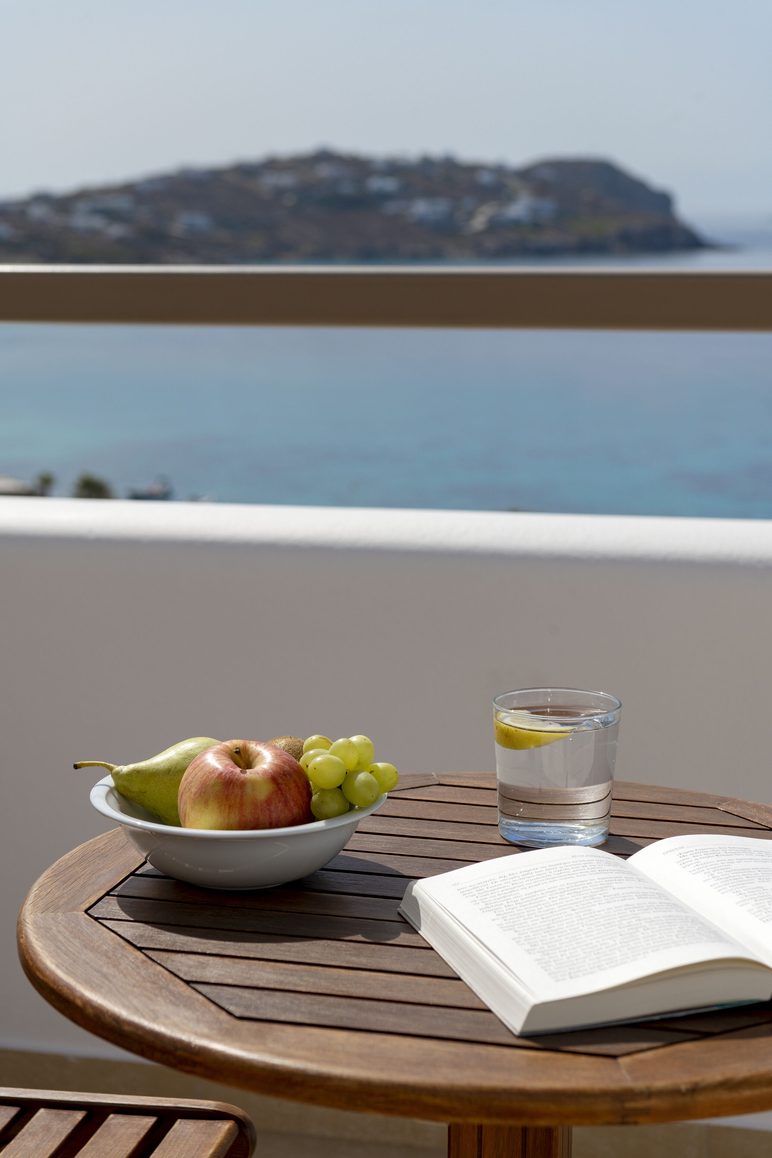 A table with a bowl of fruit, a glass of water, and an open book, overlooking a coastal view.