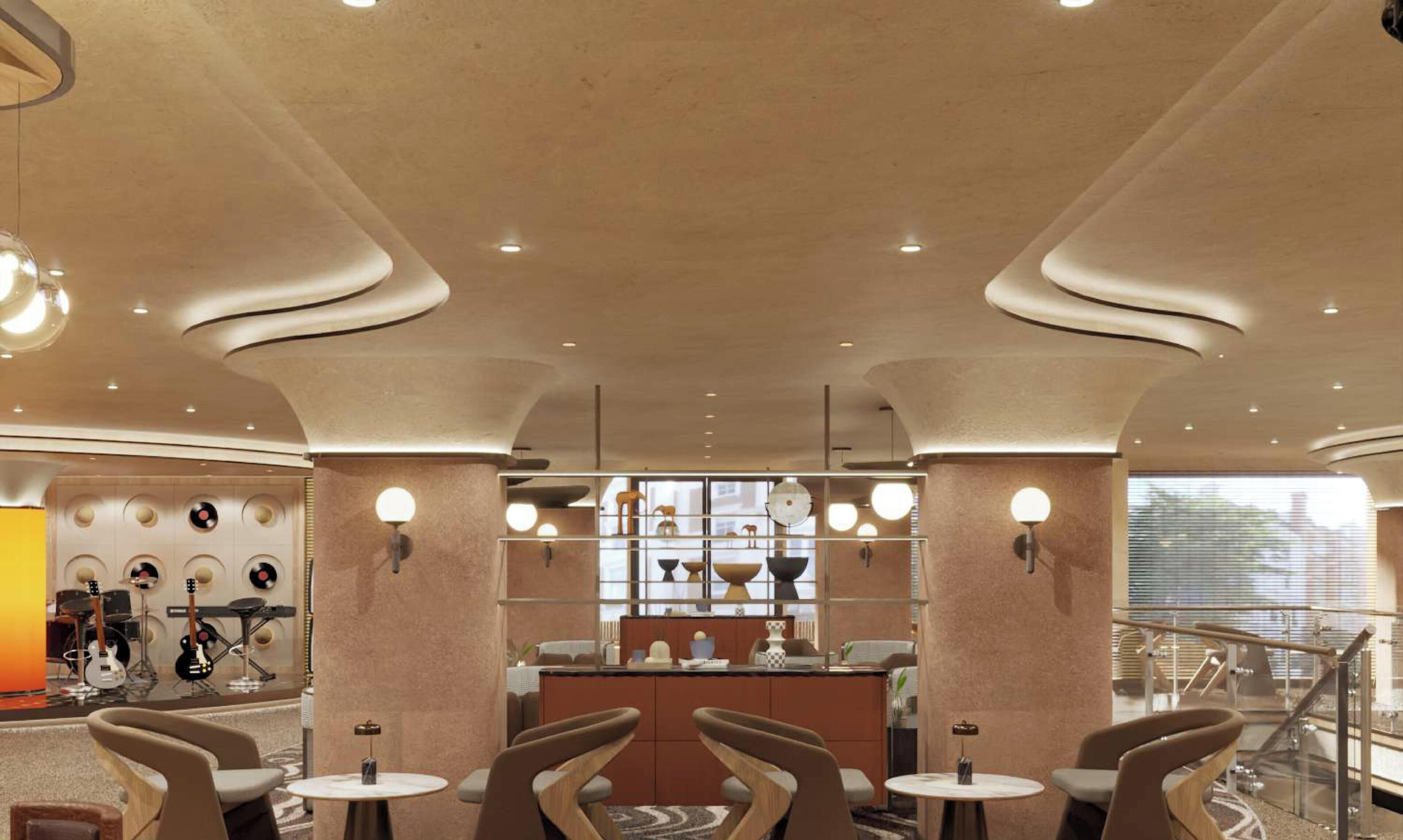 A modern interior with a central bar area, seating arrangements, and a view through large windows.