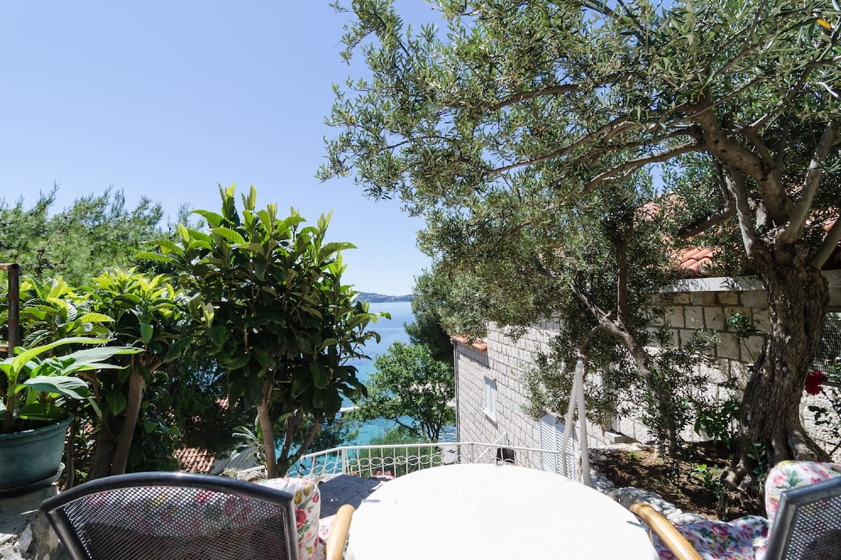 A terrace with potted plants, a table, and chairs overlooking a scenic view of the sea.