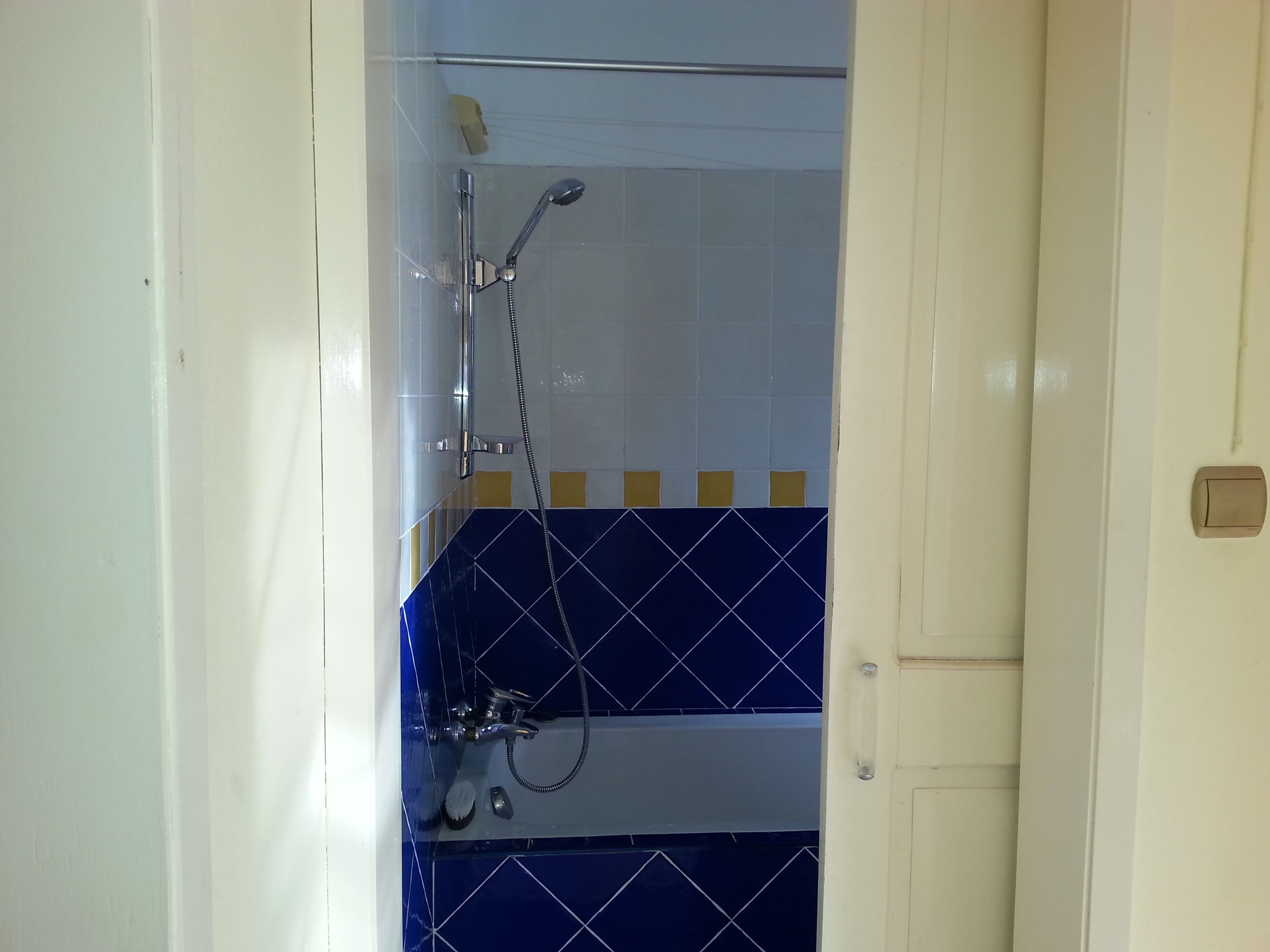 A shower with a handheld showerhead and a wall-mounted faucet.