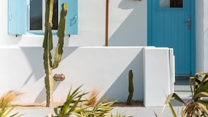 A white building with blue shutters and a blue door, a cactus in the foreground, and a hanging plant with pink flowers. - La Stella Stay (Mykonos)