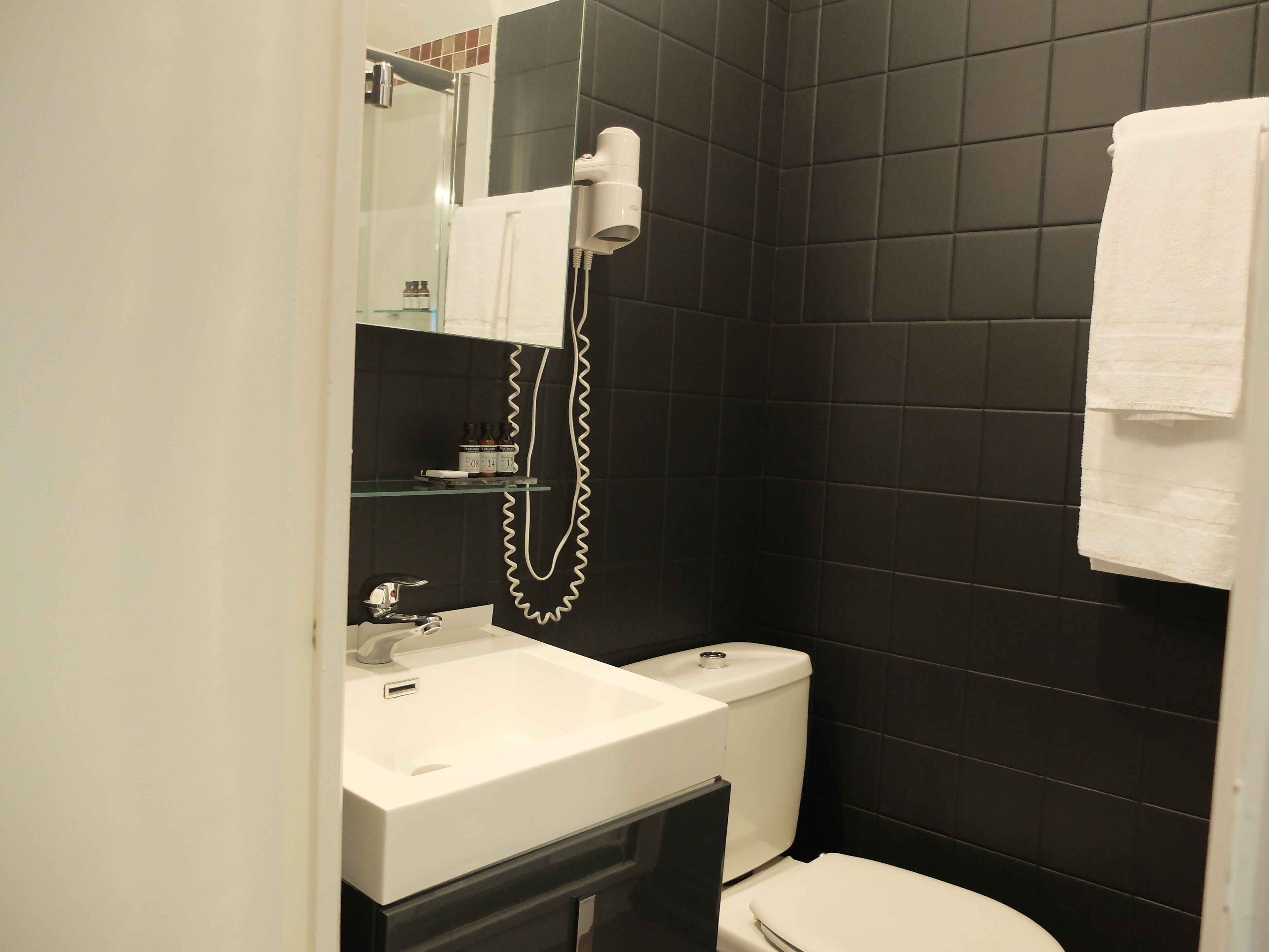 A bathroom with a white sink, a toilet, and a glass shower enclosure.