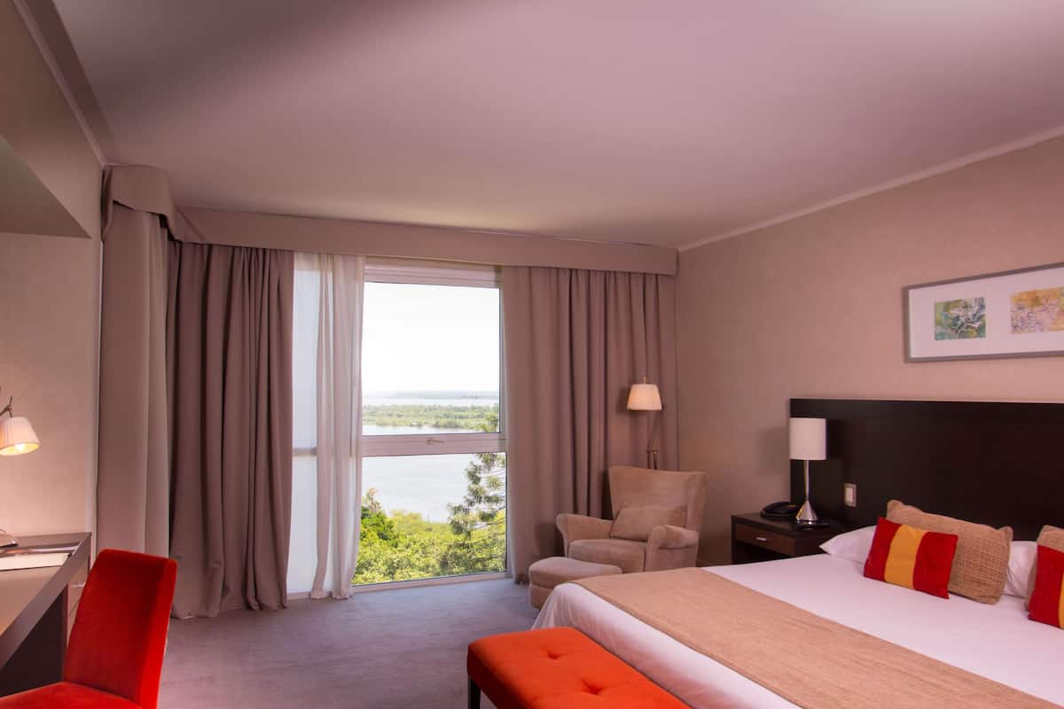 A hotel room with a bed, a chair, a desk, and a view of the outdoors.