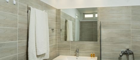 A modern bathroom with a white sink, a glass shower enclosure, and a large mirror.