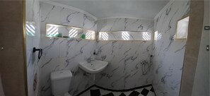 Ducha, secador de pelo, toallas, jabón