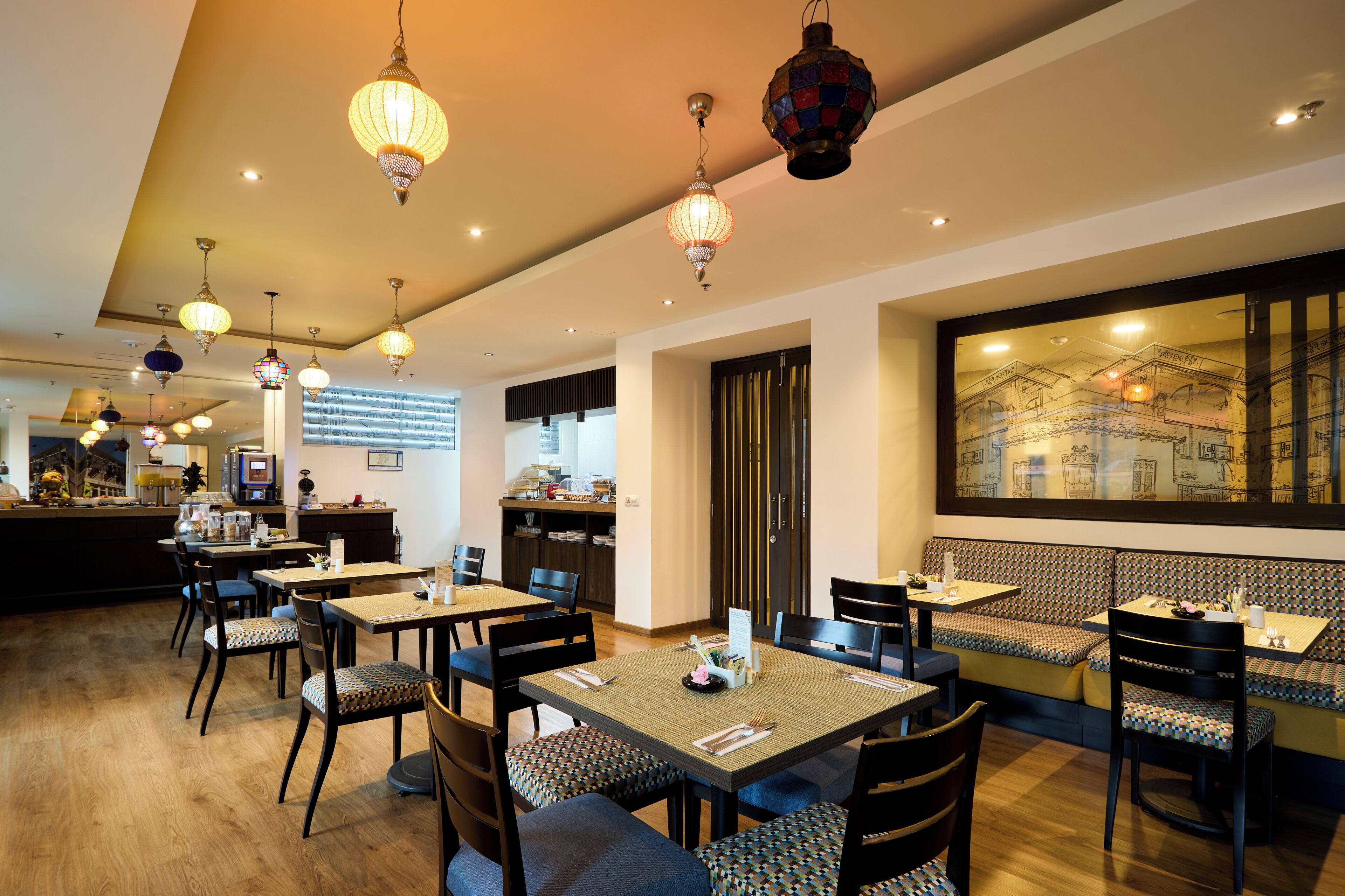 A restaurant with multiple dining tables and chairs, a kitchen area, and a large window with a cityscape view.