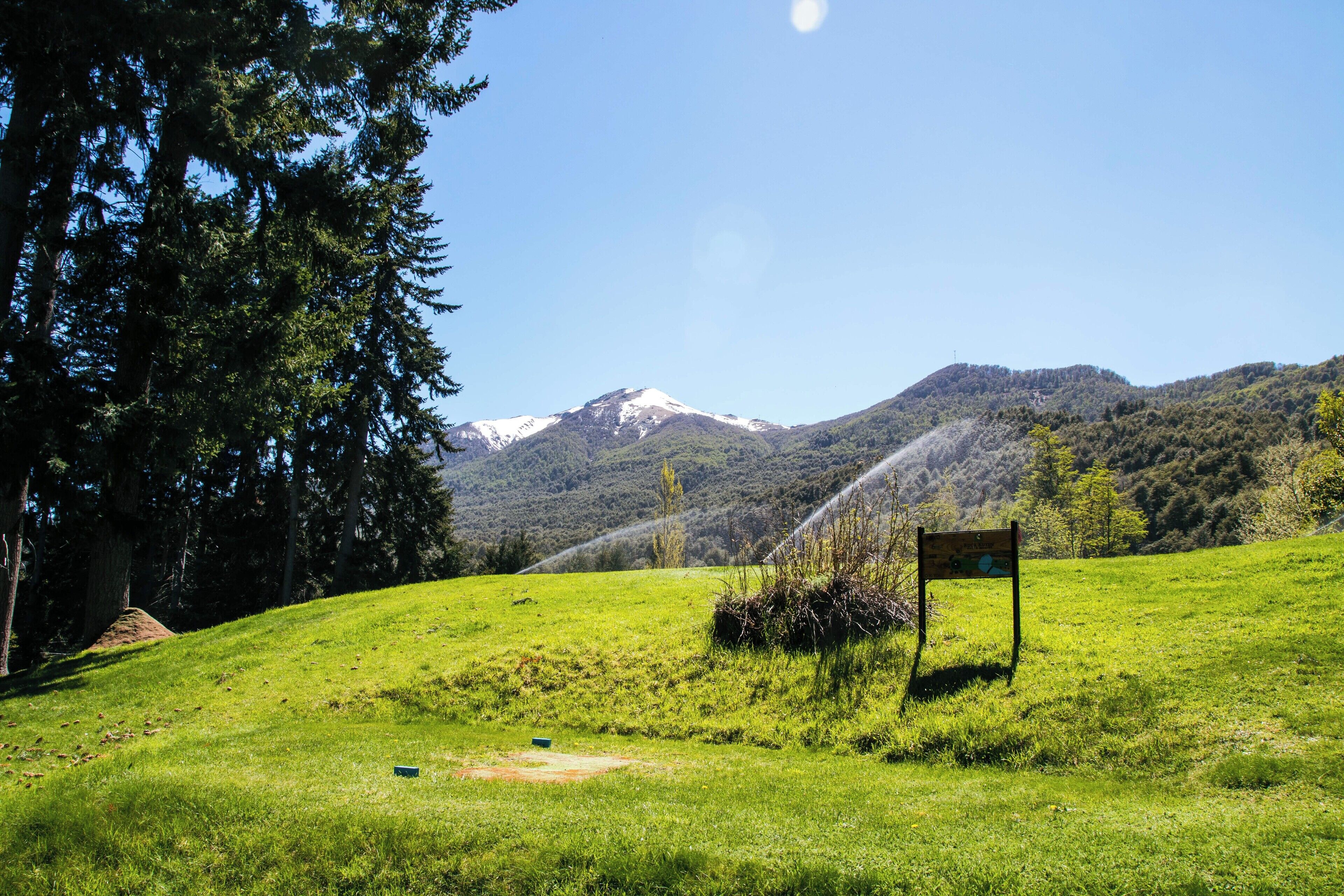 A grassy field with a signpost and a mountain in the background.