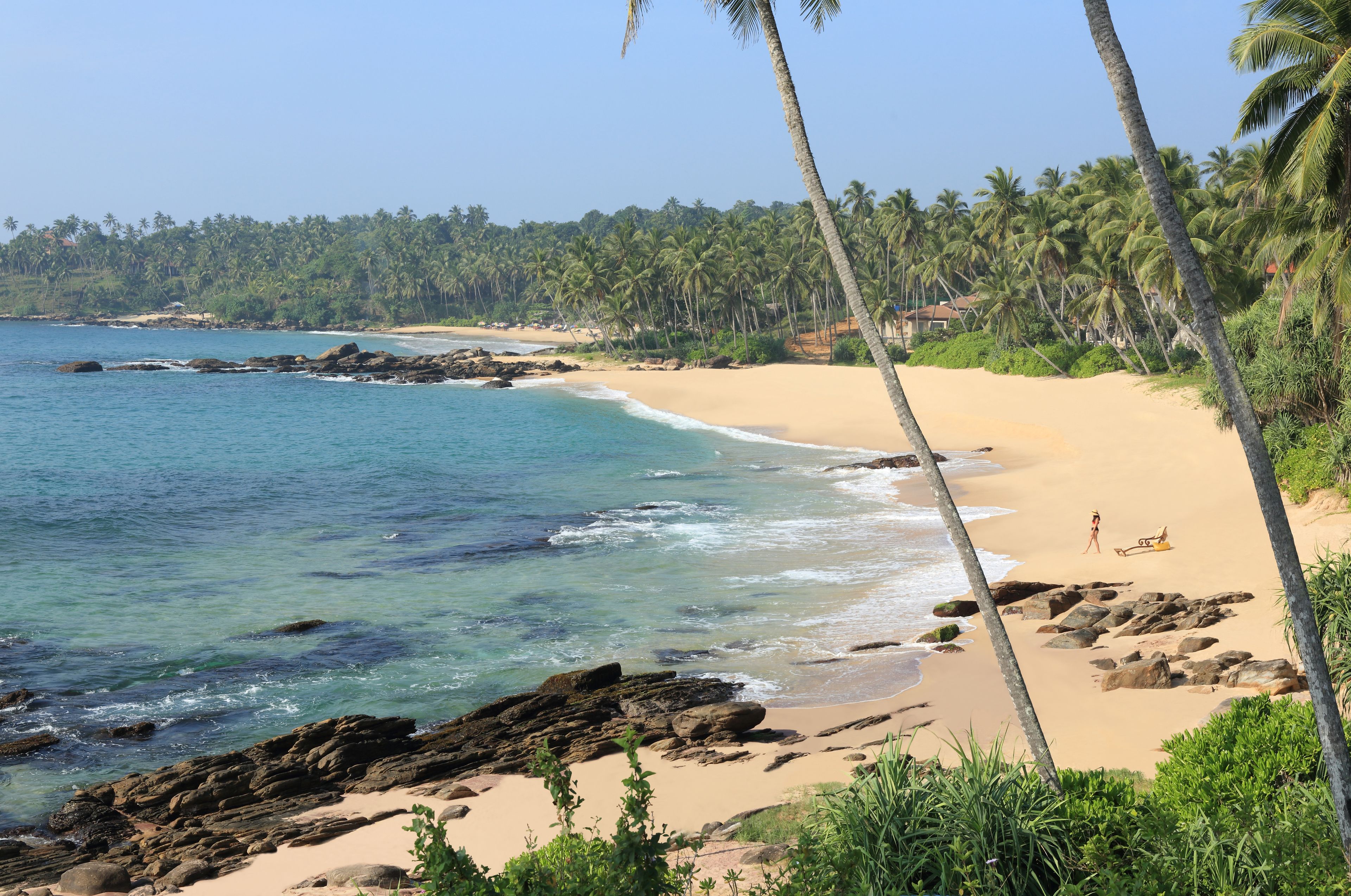 Uma praia com águas azul-claras, areal arenoso e palmeiras.