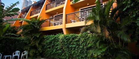 Outdoor pool, pool umbrellas, pool loungers