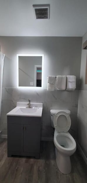 Un baño con lavamanos, espejo, inodoro y toallero.