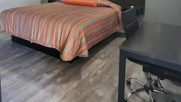 A bedroom with a bed, a desk, and a headboard.